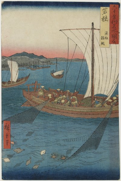 Siatki na płastugi i łodzie rybne, prowincja Wakasa, wrzesień 1853 (kolorowy drzeworyt) autorstwa Utagawa Hiroshige