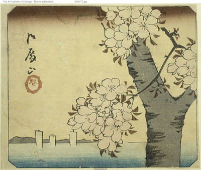 Kwiaty na Wzgórzu Goten (Gotenyama, hana), fragment arkusza z serii "Wycinanki znanych miejsc w Edo (Harimaze Koto meisho)" autorstwa Utagawa Hiroshige