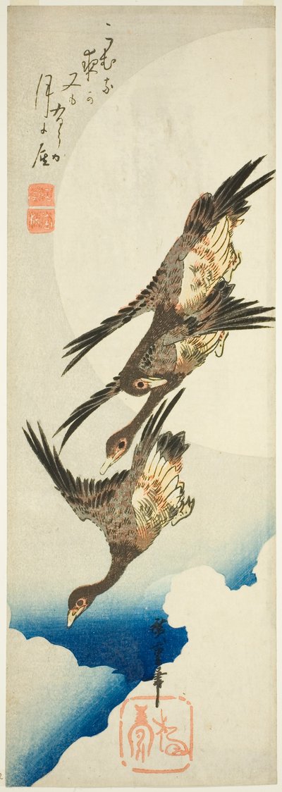 Latające gęsi i pełnia księżyca autorstwa Utagawa Hiroshige