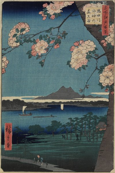 Las Suijin Shrine i Masaki nad rzeką Sumida, sierpień 1856 r. autorstwa Utagawa Hiroshige