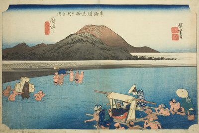 Fuchu: Rzeka Abe (Fuchu, Abekawa), z serii „Pięćdziesiąt trzy stacje na Tokaido Road (Tokaido gojusan tsugi no uchi),”, znana również jako Hoeido Tokaido autorstwa Utagawa Hiroshige