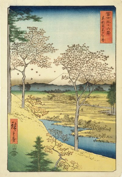 Fuji z Yuhi-Ga, Megwo, nr 10 z serii „36 widoków góry Fuji” („Fuji Saryu Rokkei”), (kolorowy drzeworyt) autorstwa Utagawa Hiroshige