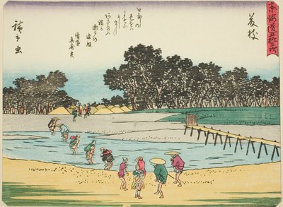 Fujieda, z serii „Pięćdziesiąt trzy stacje Tokaido (Tokaido gojusan tsugi),” znany również jako Tokaido z wierszem (Kyoka iri Tokaido) autorstwa Utagawa Hiroshige