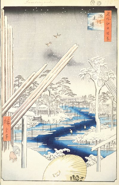 Fukagawa Tartak, nr 106 ze stu słynnych widoków Edo, 1856 (kolorowy druk drzeworytu) autorstwa Utagawa Hiroshige