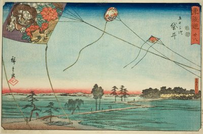 Fukuroi: Słynne latawce Enshu (Fukuroi, meibutsu Enshu dako) – nr 28 z serii „Pięćdziesiąt trzy stacje Tokaido (Tokaido gojusan tsugi),” znane również jako Reisho Tokaido autorstwa Utagawa Hiroshige