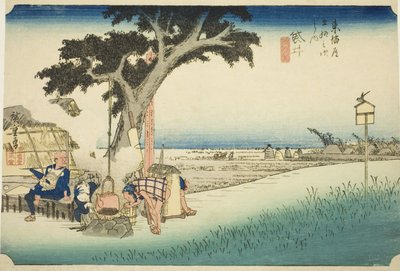 Fukuroi: Stoisko z herbatą (Fukuroi, dejaya no zu), z serii „Pięćdziesiąt trzy stacje Tokaido (Tokaido gojusan tsugi no uchi),” znane również jako Hoeido Tokaido autorstwa Utagawa Hiroshige