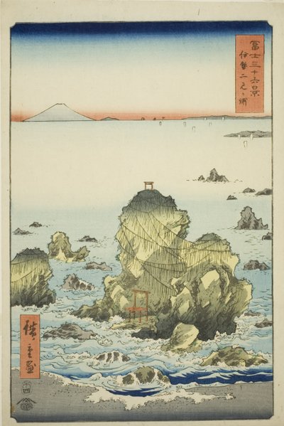 Zatoka Futami w prowincji Ise (Ise Futamigaura), z serii „Trzydzieści sześć widoków na górę Fuji (Fuji sanjurokkei)” autorstwa Utagawa Hiroshige