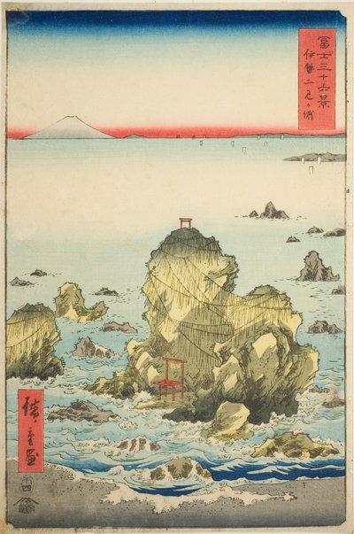 Zatoka Futami w prowincji Ise (Ise Futamigaura), z serii „Trzydzieści sześć widoków na górę Fuji (Fuji sanjurokkei)” autorstwa Utagawa Hiroshige