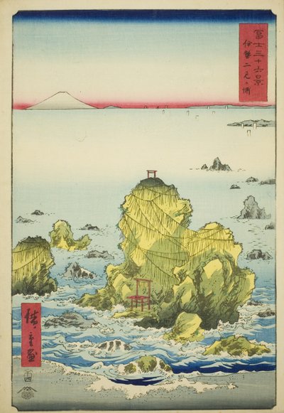 Zatoka Futami w prowincji Ise (Ise Futamigaura), z serii „Trzydzieści sześć widoków na górę Fuji (Fuji sanjurokkei)” autorstwa Utagawa Hiroshige