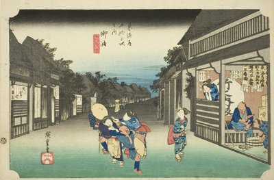 Goyu: Kobiety zatrzymujące podróżników (Goyu, tabibito tomeru onna), z serii „Pięćdziesiąt trzy stacje Tokaido (Tokaido gojusan tsugi no uchi),” znane również jako Hoeido Tokaido autorstwa Utagawa Hiroshige