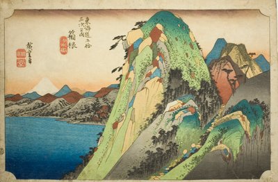 Hakone: Widok na jezioro (Hakone, kosui no zu), z serii „Pięćdziesiąt trzy stacje na Tokaido Road (Tokaido gojusan tsugi no uchi),”, znany również jako Hoeido Tokaido autorstwa Utagawa Hiroshige
