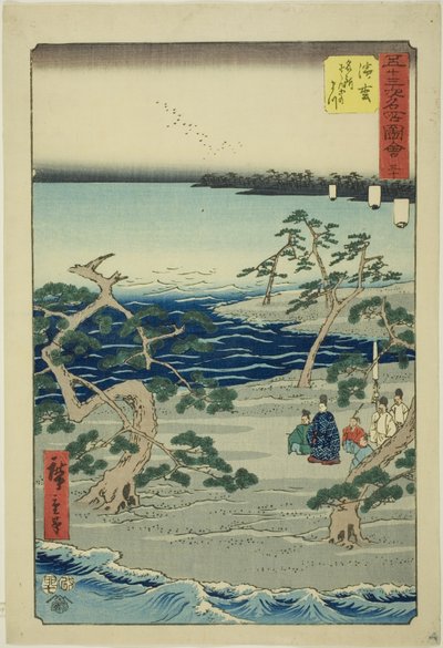Hamamatsu: słynne szemrzące sosny (Hamamatsu, meisho zazanza no matsu), nr. 30 z serii „Słynne zabytki pięćdziesięciu trzech stacji (Gojusan tsugi meisho zue),” znanej również jako Vertical Tokaido autorstwa Utagawa Hiroshige