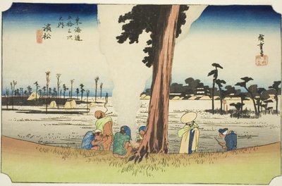 Hamamatsu: Scena zimowa (Hamamatsu, fuyugare no zu), z serii „Pięćdziesiąt trzy stacje Tokaido (Tokaido gojusan tsugi no uchi),” znana również jako Hoeido Tokaido autorstwa Utagawa Hiroshige