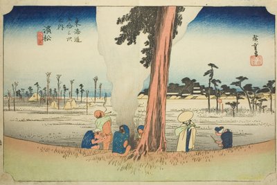 Hamamatsu: Scena zimowa (Hamamatsu, fuyugare no zu), z serii „Pięćdziesiąt trzy stacje Tokaido (Tokaido gojusan tsugi no uchi),” znana również jako Hoeido Tokaido autorstwa Utagawa Hiroshige