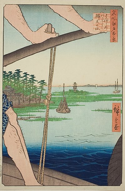 Prom Haneda i świątynia Benten (Haneda no watashi Benten no yashiro), nr 72 z serii "Sto słynnych widoków Edo (Meisho Edo hyakkei)". autorstwa Utagawa Hiroshige