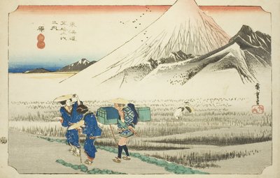 Hara: Góra Fuji o poranku (Hara, asa no Fuji), z serii „Pięćdziesiąt trzy stacje drogi Tokaido (Tokaido gojusan tsugi no uchi),” znanej również jako Hoeido Tokaido autorstwa Utagawa Hiroshige