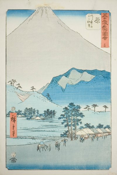 Hara: Widok na góry Ashitaka i górę Fuji (Hara, Ashitakayama Fuji chobo), nr. 14 z serii „Słynne zabytki pięćdziesięciu trzech stacji (Gojusan tsugi meisho zue),” znanej również jako Vertical Tokaido autorstwa Utagawa Hiroshige