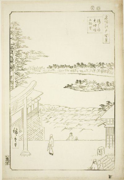 Pociągnij widok l i p z Yushima Tenjin Shline (Yushima Tenjin Sakaue Tembo), z serii „Ridge dred fan net s views of Edo (Sto widoków Edo)” autorstwa Utagawa Hiroshige