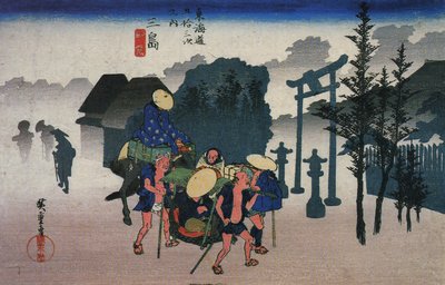 Hiroshige, Podróżni mijający świątynię we mgle autorstwa Utagawa Hiroshige