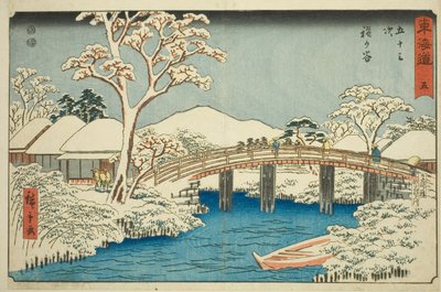 Hodogaya: Rzeka Katabira i most Katabira (Hodogaya, Katabiragawa Katabirabashi) – nr 5 z serii „Pięćdziesiąt trzy stacje Tokaido (Tokaido gojusan tsugi),” znany również jako Reisho Tokaido autorstwa Utagawa Hiroshige