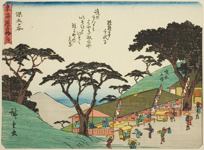 Hodogaya, z serii „Pięćdziesiąt trzy stacje Tokaido (Tokaido gojusan tsugi),” znany również jako Tokaido z wierszem (Kyoka iri Tokaido) autorstwa Utagawa Hiroshige