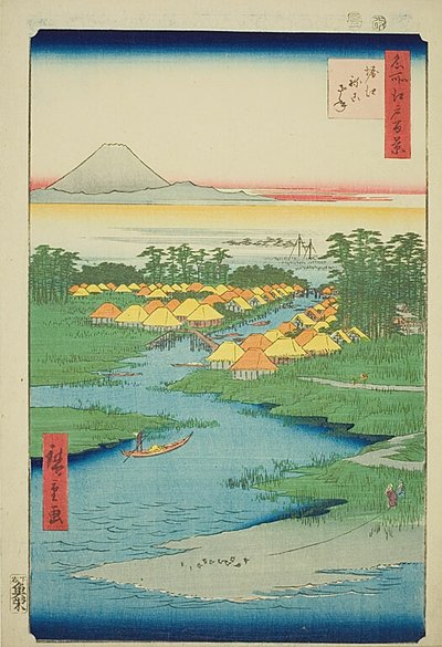 Horie i Nekozane (Horie Nekozane), nr 96 z serii "Sto słynnych widoków Edo (Meisho Edo hyakkei)". autorstwa Utagawa Hiroshige