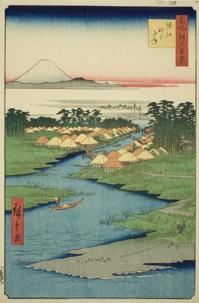 Horie i Nekozane z serii „Sto słynnych widoków Edo (Meisho Edo hyakkei)” autorstwa Utagawa Hiroshige