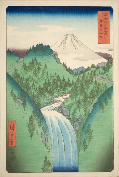 W górach prowincji Izu (Izu no sanchu), z serii „Trzydzieści sześć widoków na górę Fuji (Fuji sanjurokkei)” autorstwa Utagawa Hiroshige