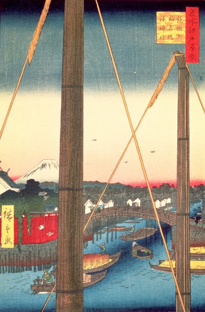 Inari Bridge i Minato Shrine, Teppozu, płyta 77 z serii Stu słynnych widoków Edo, Edo Edo, Epoka Ansei, 1857 (drewnodruk) autorstwa Utagawa Hiroshige
