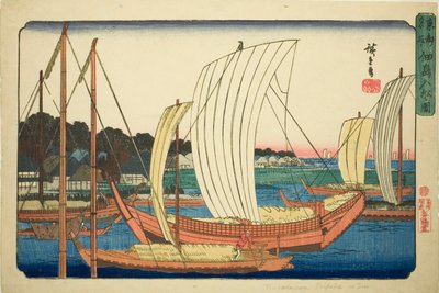 Łodzie przypływowe na wyspie Tsukuda (Tsukudajima irifune no zu), z serii „Słynne miejsca we wschodniej stolicy (Toto meisho)” autorstwa Utagawa Hiroshige