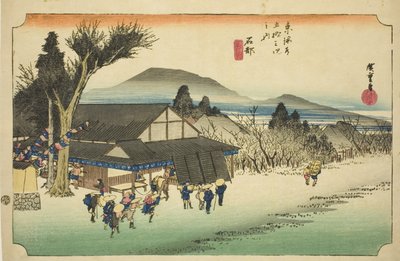Ishibe: Wioska Megawa (Ishibe, Megawa no sato), z serii „Pięćdziesiąt trzy stacje Tokaido (Tokaido gojusan tsugi no uchi),” znana również jako Hoeido Tokaido autorstwa Utagawa Hiroshige