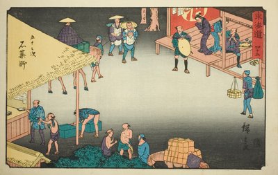 Ishi Yakushi – z. 45, z serii „pięćdziesiąt trzy s tachi dźwięków stopnia miejskiego (stopień miejski obok głównej góry)” autorstwa Utagawa Hiroshige
