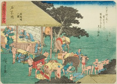 Ishiyakushi: Dom Pocztowy (Ishiyakushi, toiyaba no zu), z serii „Pięćdziesiąt trzy stacje Tokaido (Tokaido gojusan tsugi),” znany również jako Tokaido z wierszem (Kyoka iri Tokaido) autorstwa Utagawa Hiroshige