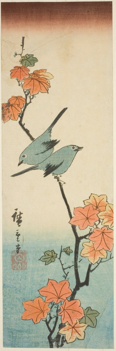 Japońskie białe oczy na gałęzi klonu autorstwa Utagawa Hiroshige