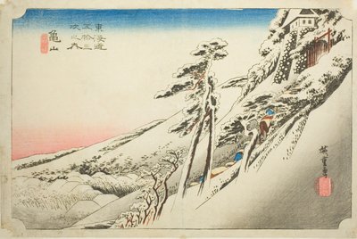 Kameyama: Weather Clearing after Snow (Kameyama, yukibare), z serii „Pięćdziesiąt trzy stacje Tokaido (Tokaido gojusan tsugi no uchi),” znany również jako Hoeido Tokaido autorstwa Utagawa Hiroshige
