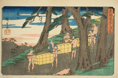 Kameyama, z serii „pięćdziesiąt trzy dźwięki tachi s f te stopień miejski (stopień miejski, główna góra)” autorstwa Utagawa Hiroshige