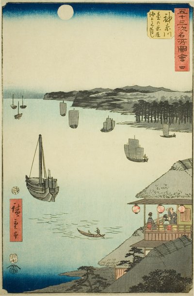 Kanagawa: Widok na morze z herbaciarni na wzgórzu (Kanagawa, dai no chaya kaijo miharashi), nr. 4 z serii „Słynne zabytki pięćdziesięciu trzech stacji (Gojusan tsugi meisho zue),” znanej również jako Vertical Tokaido autorstwa Utagawa Hiroshige
