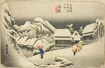 Kanbara: Wieczorny śnieg (Kanbara, yoru no yuki), z serii „Pięćdziesiąt trzy stacje Tokaido (Tokaido gojusan tsugi no uchi),” znany również jako Hoeido Tokaido autorstwa Utagawa Hiroshige