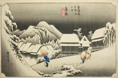 Kanbara: Wieczorny śnieg (Kanbara, yoru no yuki), z serii „Pięćdziesiąt trzy stacje Tokaido (Tokaido gojusan tsugi no uchi),” znany również jako Hoeido Tokaido autorstwa Utagawa Hiroshige