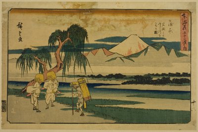 Kanbara: Widok na rzekę Fuji z Iwafuchi (Kanbara, Iwafuchi yori Fujikawa o miru zu), z serii „Pięćdziesiąt trzy stacje Tokaido (Tokaido gojusan tsugi no uchi),”, znany również jako Gyosho Tokaido autorstwa Utagawa Hiroshige