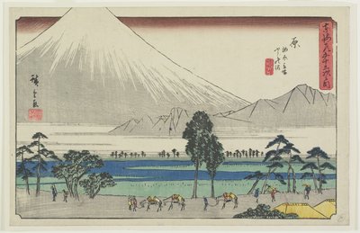 Miejsce odpoczynku Kashiwahara nad stawem z widokiem na górę Fuji, Hara, 1841-1842 autorstwa Utagawa Hiroshige