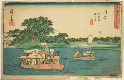 Kawasaki: promy w Rokugo (Kawasaki, Rokugo no watashibune), z serii „Pięćdziesiąt trzy stacje Tokaido (Tokaido gojusan tsugi no uchi),”, znany również jako Gyosho Tokaido autorstwa Utagawa Hiroshige