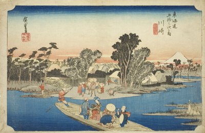 Kawasaki: Prom Rokugo (Kawasaki, Rokugo watashibune), z serii „Pięćdziesiąt trzy stacje Tokaido (Tokaido gojusan tsugi no uchi),” znany również jako Hoeido Tokaido autorstwa Utagawa Hiroshige