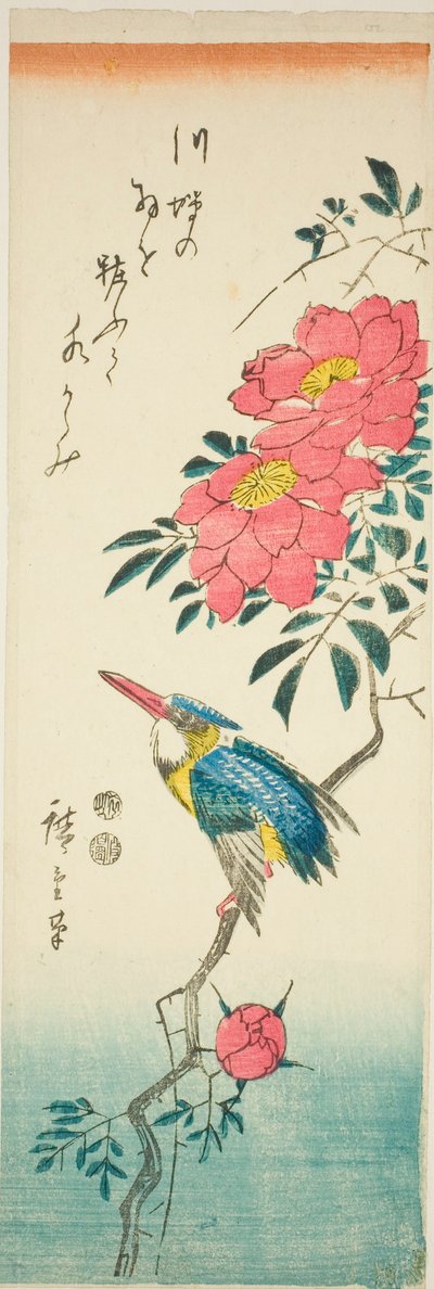 Zimorodek i róże autorstwa Utagawa Hiroshige