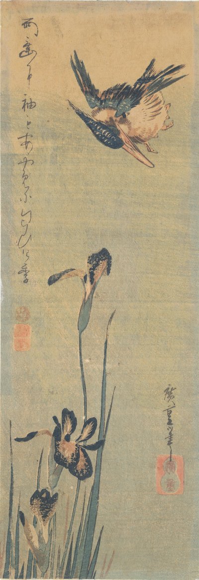 Zimorodek przelatujący nad irysem autorstwa Utagawa Hiroshige