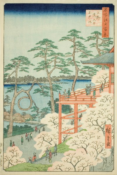 Kiyomizu Hall and Shinobazu Pond at Ueno (Ueno Kiyomizudo Shinobazu no ike), nr 11 z serii "One Hundred Famous Views of Edo (Meisho Edo hyakkei)". autorstwa Utagawa Hiroshige