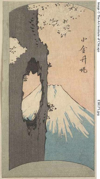 Koganei, fragment arkusza z serii "Wycinane obrazy znanych miejsc w Edo (Edo meisho harimaze zue)" autorstwa Utagawa Hiroshige
