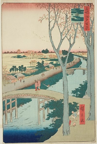 Koume Embankment (Koumezutsumi), nr 104 z serii "Sto słynnych widoków Edo (Meisho Edo hyakkei)". autorstwa Utagawa Hiroshige