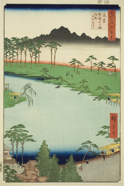 Świątynia Kumano Junisha w Tsunohazu, popularnie znana jako Juniso (Tsunohazu Kumano Junisha, zokusho Juniso), z serii „Sto słynnych widoków Edo (Meisho Edo hyakkei)” autorstwa Utagawa Hiroshige