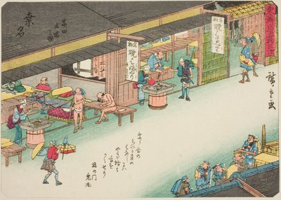 Kuwana: Stacja pocztowa w Tomita (Kuwana, Tomita tachiba no zu), z serii „Pięćdziesiąt trzy stacje Tokaido (Tokaido gojusan tsugi),” znana również jako Tokaido z wierszem (Kyoka iri Tokaido) autorstwa Utagawa Hiroshige